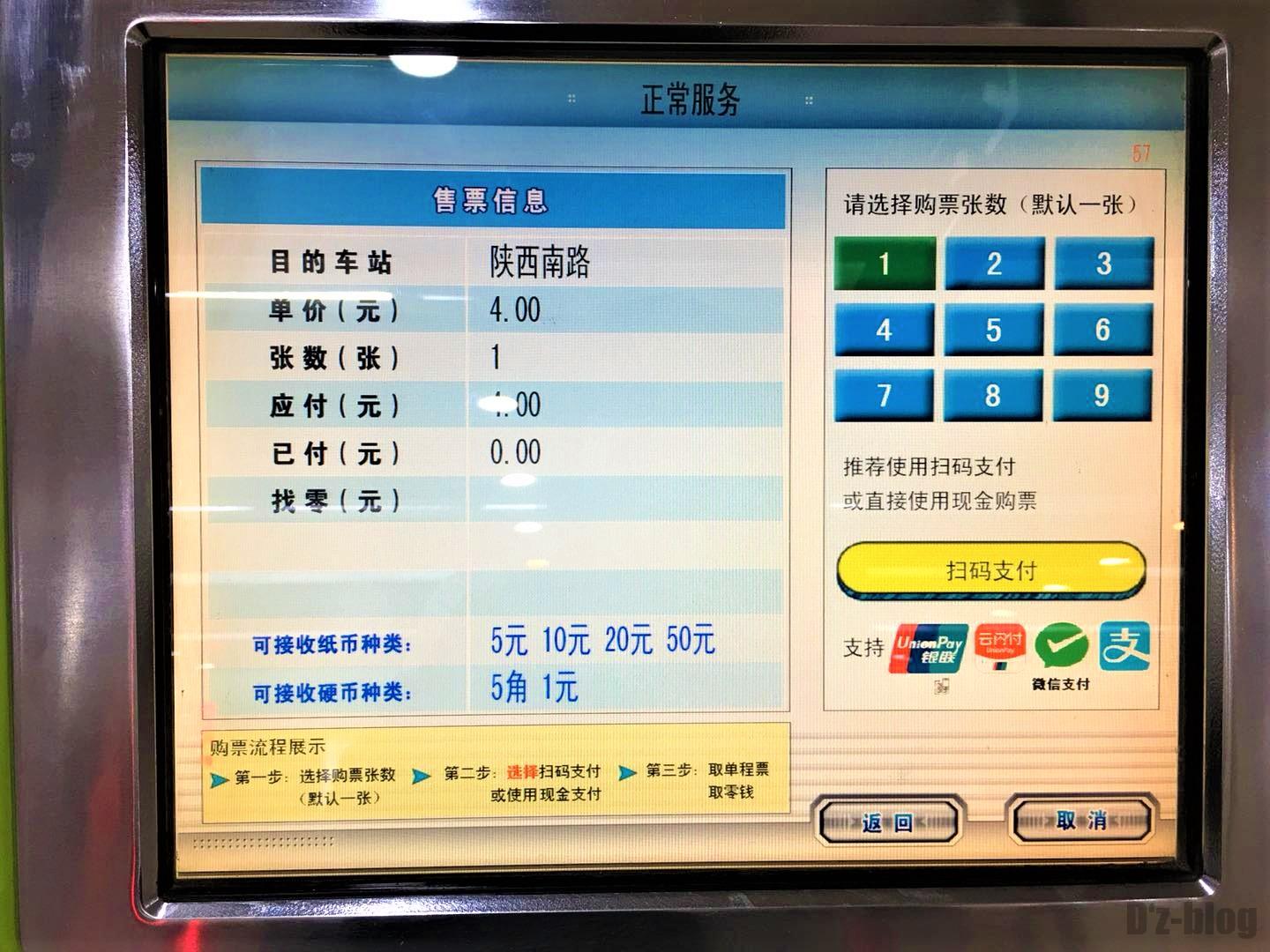 上海地下鉄券売機　購入画面
